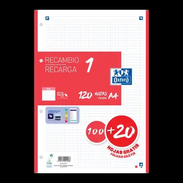 Oxford School A4 Recambio – 5×5 – 100+20 Hojas – Color Rojo