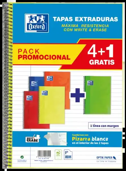 Oxford School Classic Write&Erase Pack 4+1 Fº – Cuaderno Espiral – Tapa Extradura – 1 Linea con Margen – 80 Hojas – Colores Surtidos