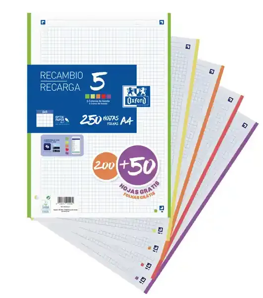 Oxford School Pack de 5 A4 Recambio – 5×5 Promocion – 200+50 Hojas – Colores Surtidos (10 uds)