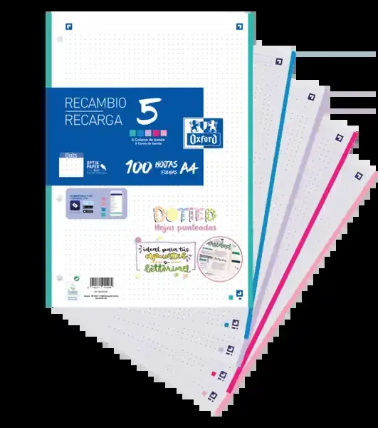 Oxford School Pack de 5 A4 Recambio – Dots 100 Hojas – Colores Surtidos (17 uds)