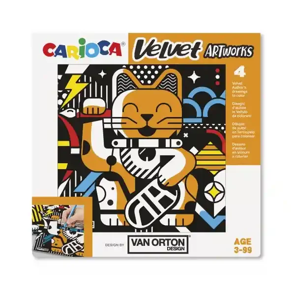 Pack Carioca Velvet Van Orton Art Pack de 4 Ilustraciones de Terciopelo para Colorear – Suave Textura – Desarrolla Destreza y Creatividad – Colaboracion con Van Orton Design – Color Varios