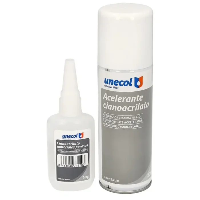 Pegamento Cianocrilato (50 Gr.) con Acelerante (200ml) Especial materiales porosos, multiusos, plásticos, maderas, porcelana.