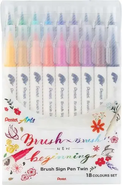 Pentel Brush Sing Pen Twin Pack de 18 Rotuladores con Doble Punta de Pincel Flexible – Punta Ancha 1-4mm, Punta Fina 0,2-2mm – Colores Surtidos