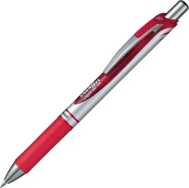 Pentel Energel Boligrafo de Bola Retractil Tinta Gel – Punta 0.7mm – Trazo 0.35mm – Recargable – Grip de Agarre – Clip de Metal – 54% de Materiales Reciclados – Color Rojo (12 uds)