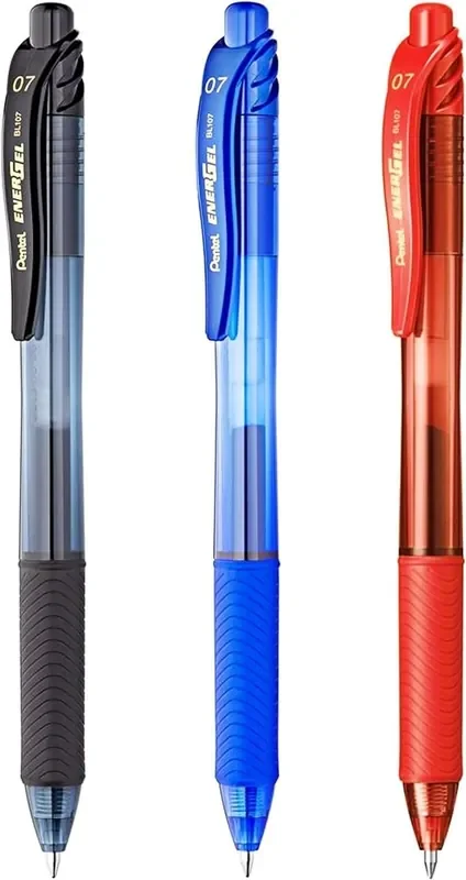 Pentel EnerGel X Pack de 3 Boligrafos de Bola Retractiles Tinta Gel – Punta 0.7mm – Trazo 0.35mm – Recargable – Grip de Agarre – 50% de Materiales Reciclados – Color Negro, Azul y Rojo