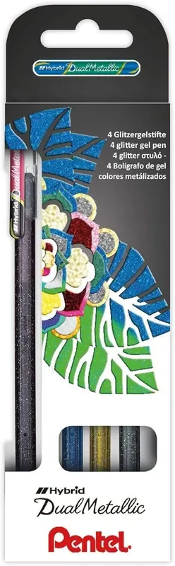 Pentel Hybrid Dual Metallic Pack de 4 Boligrafos de Bola con Tinta Gel Brillante – Punta 1mm – Trazo 0.5mm – Colores Brillantes Surtidos