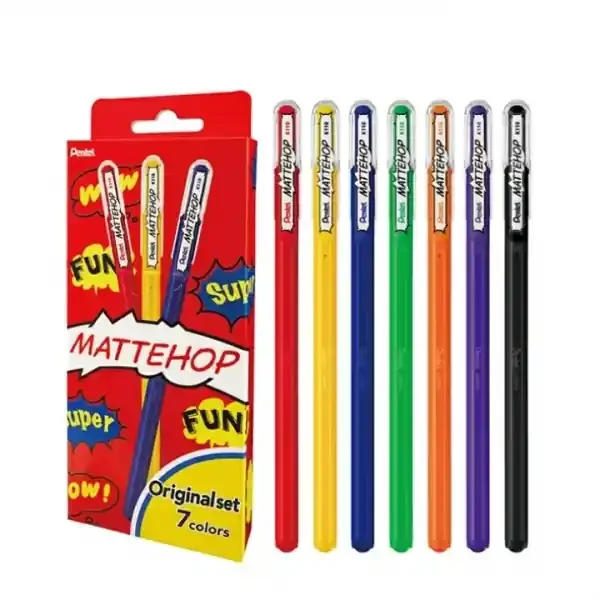 Pentel Mattehop Original Pack de 7 Boligrafos de Bola – Punta 1mm – Trazo 0.5mm – Tinta de Gel Opaca – Fabricado con 55% de Materiales Reciclados – Colores Surtidos