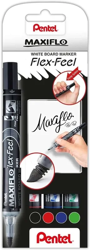 Pentel Maxiflo Flex-Feel Pack de 4 Rotuladores para Pizarra Blanca – Punta Flexible 4.6mm – Dosificacion de Tinta mediante Embolo – Colores Negro, Azul, Rojo y Verde