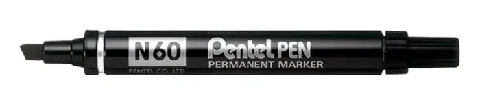 Pentel Pen N60 Rotulador Permanente – Punta Biselada Resistente y Duradera – Resistente a Agua y Luz – Color Negro (12 uds)