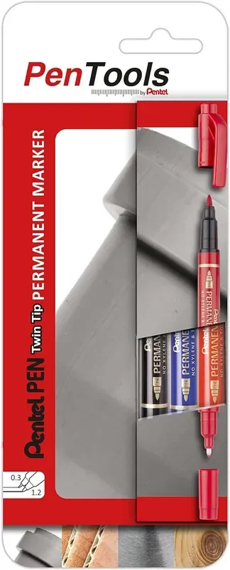 Pentel PenTools Pack de 3 Rotuladores Permanentes Industriales Pentel Pen Twin Tip – Doble Punta – Extrafina 0,6mm y Fina 3.5mm – Resistente a Agua y Luz – Colores Negro, Azul, y Rojo