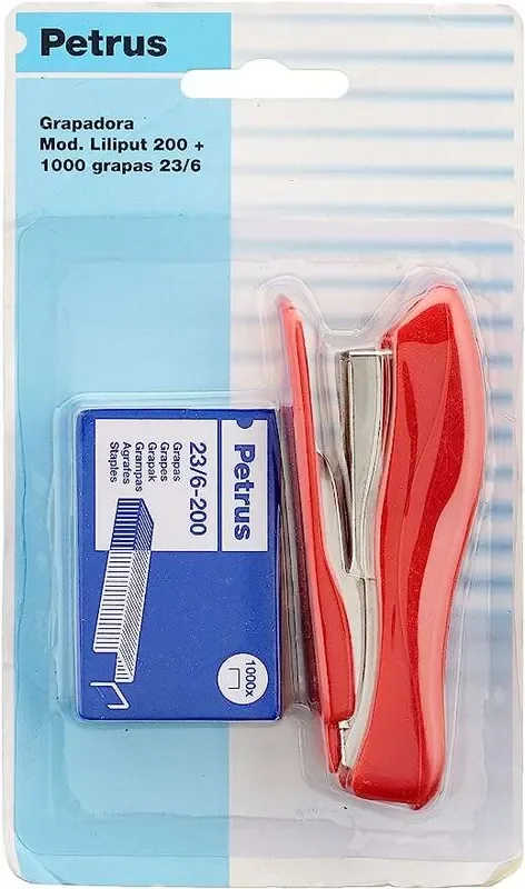 Petrus 200 Liliput Grapadora + 1 Caja grapas 23/6-200 – Hasta 12 Hojas – Grapas 23/6 – Grapado Cerrado y Clavado – Colores Surtidos