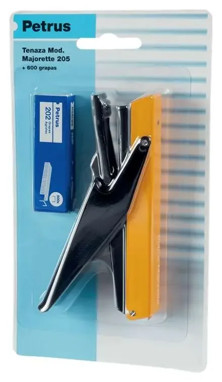 Petrus 205 Mini Majorette Grapadora de Tenaza + 1 Caja 600 Grapas – Hasta 10 Hojas – Grapado Cerrado – Colores Surtidos