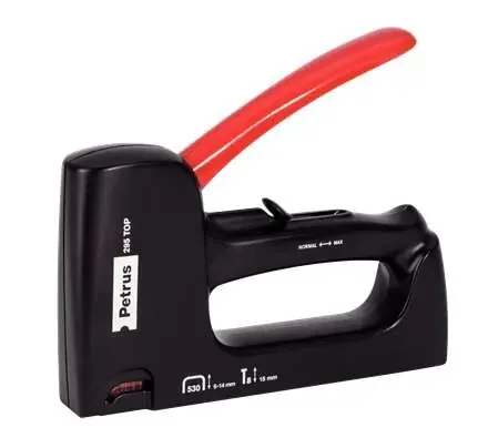 Petrus 295 Top Clavadora/Grapadora – Para Grapas 530/6 a 14mm y Pins Tipo 8 de 15mm – Ajuste de Potencia – Color Negro/Rojo