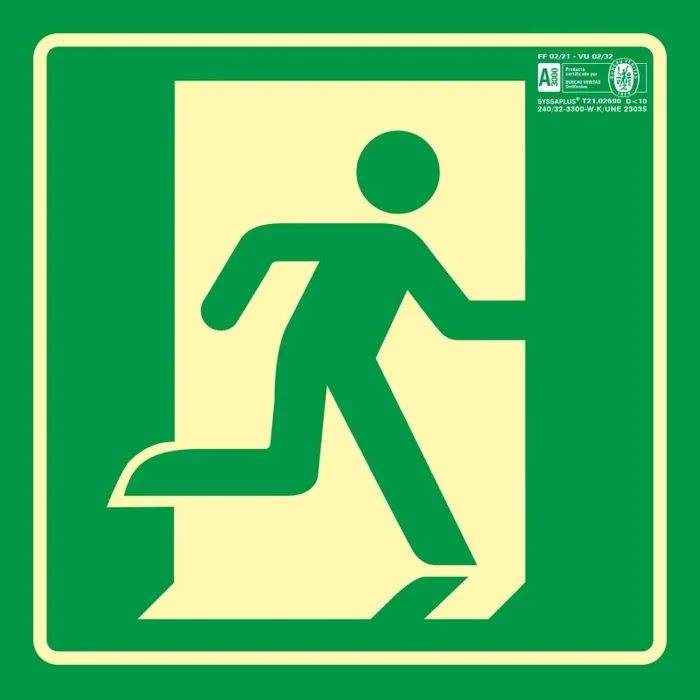 Pictograma syssa señal de salida de emergencia derecha en pvc fotoluminiscente 224×224 mm