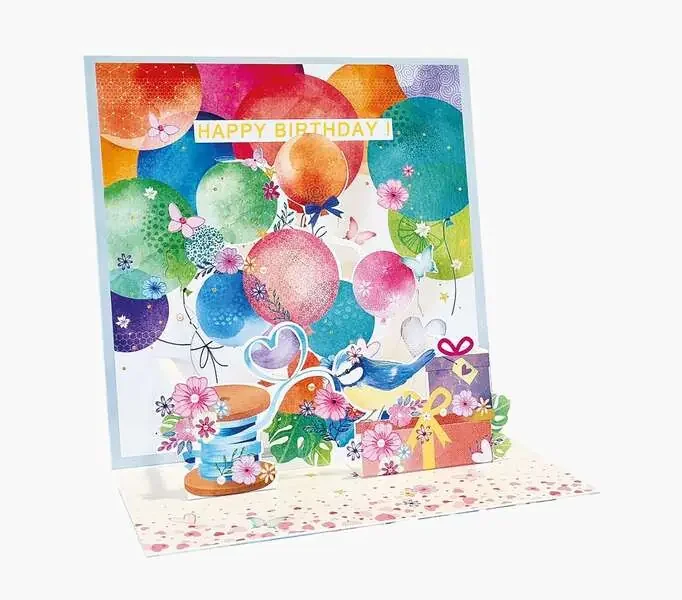 Pictura Tarjeta 3D Pop-Up – 16x16cm – Tematica Globos – Embolsada Individualmente – Incluido Sobre Blanco – Papel con Certificacion FSC