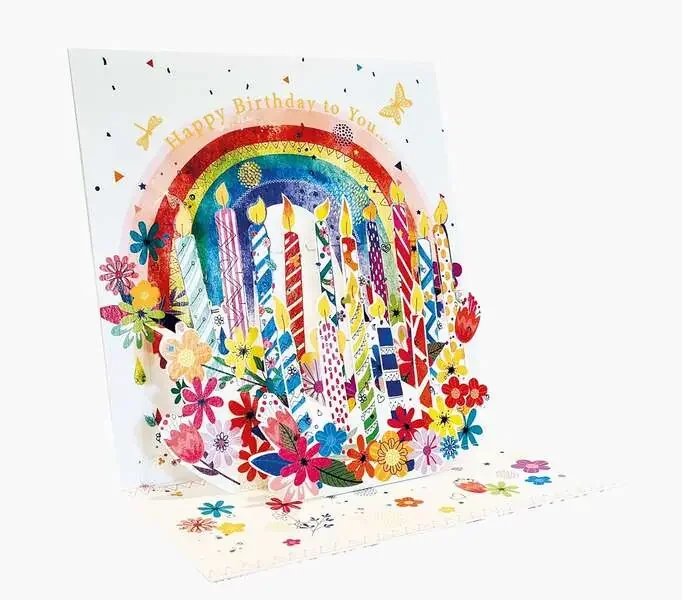 Pictura Tarjeta 3D Pop-Up – 16x16cm – Tematica Velas de Cumpleaños – Embolsada Individualmente – Incluido Sobre Blanco – Papel con Certificacion FSC