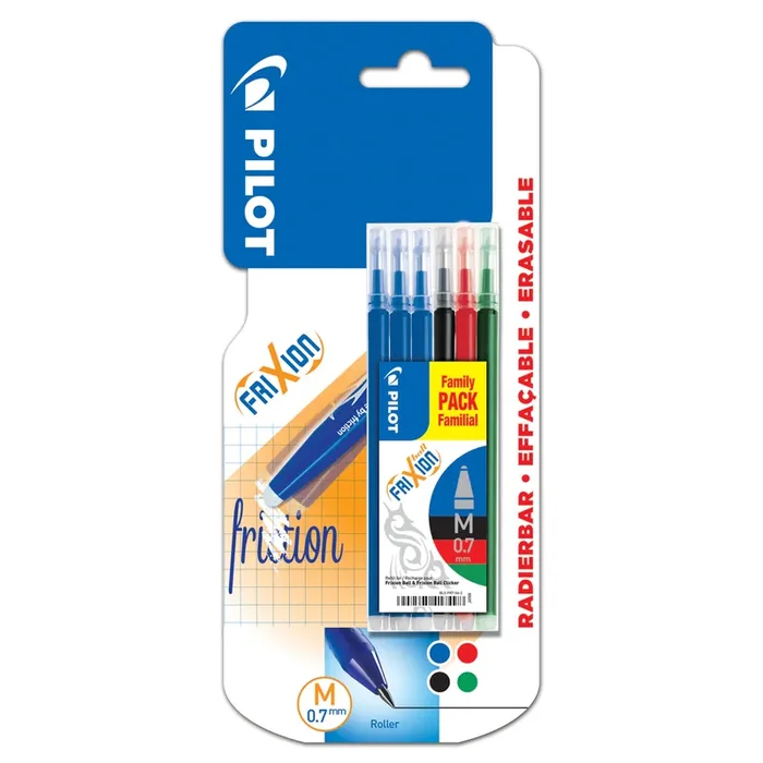 Pilot Pack de 6 Recambios para Frixion Ball y Frixion Clicker – Punta de Bola Redonda 0.7mm – Trazo 0.4mm – Colores 3x Azul, 1x Negro, 1x Rojo y 1x Verde