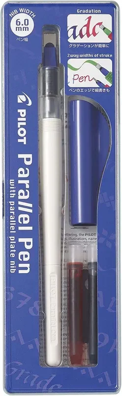 Pilot Pack de Pluma Estilografica Parallel Pen 6.0mm – Punta de Acero – Trazo de 6.0mm – 2 Recargas – Color Negro/Rojo
