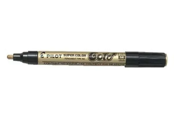 Pilot Super Color Rotulador Permanente – Punta de 4,5mm de Poliacetal – Tinta muy Densa y Opaca – Cuerpo Metalico – Color Oro (12 uds)