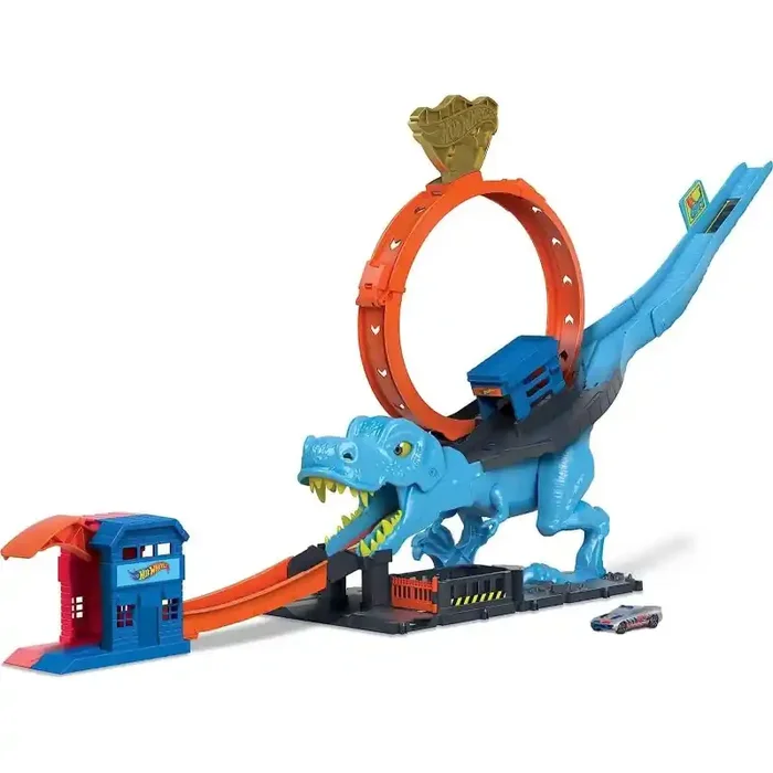 Pista Hot Wheels City Desafío del T-Rex. Incluye Lanzador de Golpe y vehículo Hot Wheels HKX42