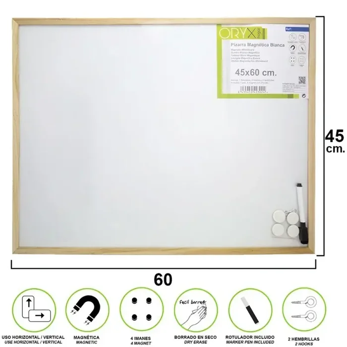 Pizarra Magnética Blanca 45×60 cm. Con Rotulador y 4 Imanes