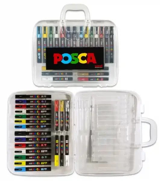 Posca Maleta de Plastico con 20 Marcadores de Pintura – Punta de Poliester – Tinta Pigmentada Base Agua – No Permanente – Resistente a la Luz – Colores y Grosores Surtidos
