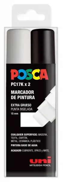 Posca PC-17K Estuche de 2 Marcadores de Pintura – Punta Biselada de Poliester 15mm – Ancho de Trazo Muy Grueso – Tinta Base al Agua – Resistente a la Luz – No Permanente – Color Surtido