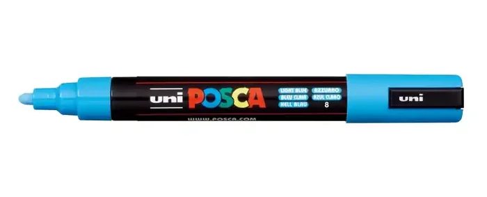 Posca PC-5M Marcador de Pintura – Punta de Bala 1.8-2.5mm – Tinta Base al Agua – Resistente a la Luz – No Permanente – Color Azul Claro (6 uds)