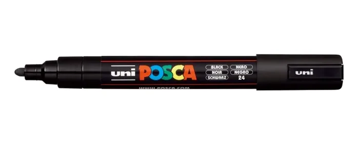 Posca PC-5M Marcador de Pintura – Punta de Bala 1.8-2.5mm – Tinta Base al Agua – Resistente a la Luz – Color Negro (6 uds)