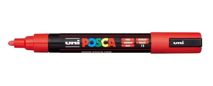 Posca PC-5M Marcador de Pintura – Punta de Poliester 1.8-2.5mm – Tinta Base al Agua – Resistente a la Luz – No Permanente – Color Rojo (6 uds)