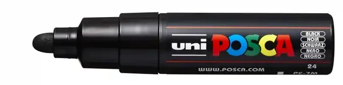 Posca PC-7M Marcador de Pintura – Punta de Bala 4.5-5.5mm – Tinta Base al Agua – Resistente a la Luz – Color Negro (6 uds)