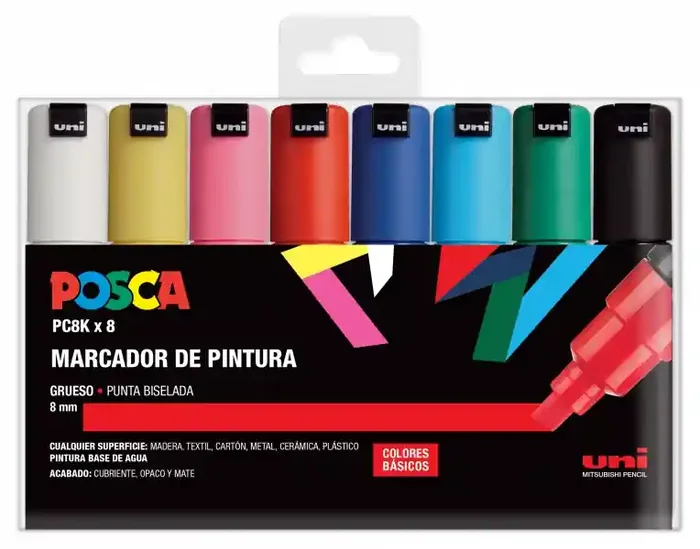 Posca PC-8K/8C Estuche de 8 Marcadores de Pintura – Punta Biselada Acrilica 8mm – Tinta Base al Agua – Resistente a la Luz – Color Surtido