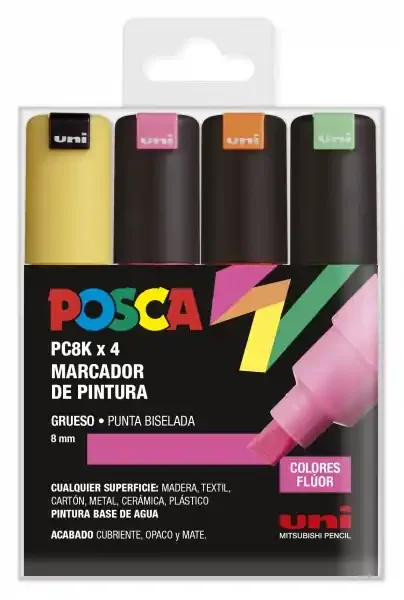 Posca PC-8K Estuche de 4 Marcadores de Pintura – Punta Biselada Acrilica 8mm – Tinta Base al Agua – Resistente a la Luz – Color Surtido