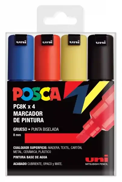 Posca PC-8K Estuche de 4 Marcadores de Pintura – Punta Biselada Acrilica 8mm – Tinta Base al Agua – No Permanente – Resistente a la Luz – Inodoro – Ideal para Carteleria y Decoracion – Color Surtido