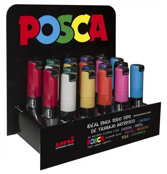 Posca PC-8K Expositor de 20 Marcadores de Pintura – Punta Biselada Acrilica 8mm – No Permanente – Ideal para Carteleria y Decoracion – Colores Surtidos