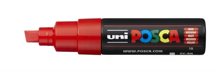 Posca PC-8K Marcador de Pintura – Punta Biselada Acrilica 8mm – Tinta Base al Agua – Resistente a la Luz – Color Rojo (6 uds)