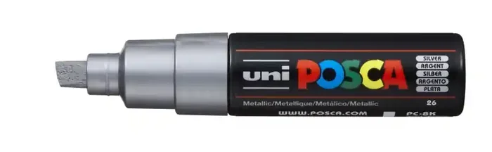 Posca PC-8K Marcador de Pintura – Punta Biselada Acrilica 8mm – Tinta Base al Agua – No Permanente – Resistente a la Luz – Color Plata Metálico (6 uds)