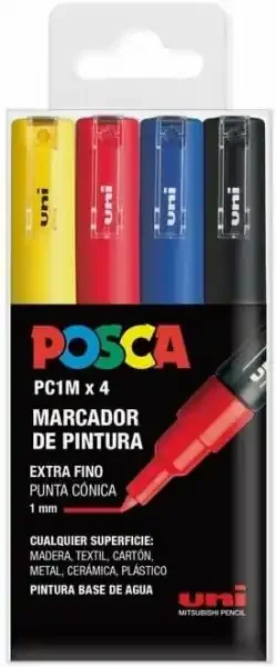 Posca PC1M Pack de 4 Marcadores de Pintura – Punta Conica 0.7mm – Tinta Base al Agua – No Permanente – Resistente a la Luz – Colores Amarillo, Rojo, Azul y Negro