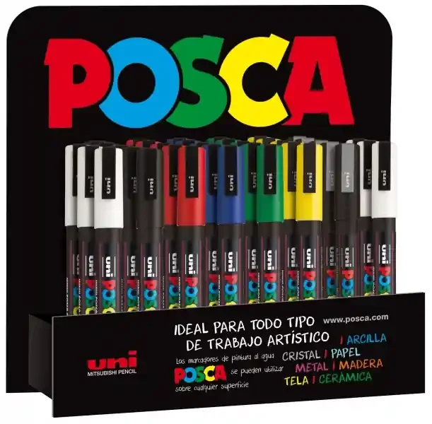 Posca PC3M Expositor de 36 Marcadores de Pintura – Punta Conica de Poliester 0.9-1.3mm – Tinta Base al Agua – Resistente a la Luz – No Permanente – Colores Surtidos