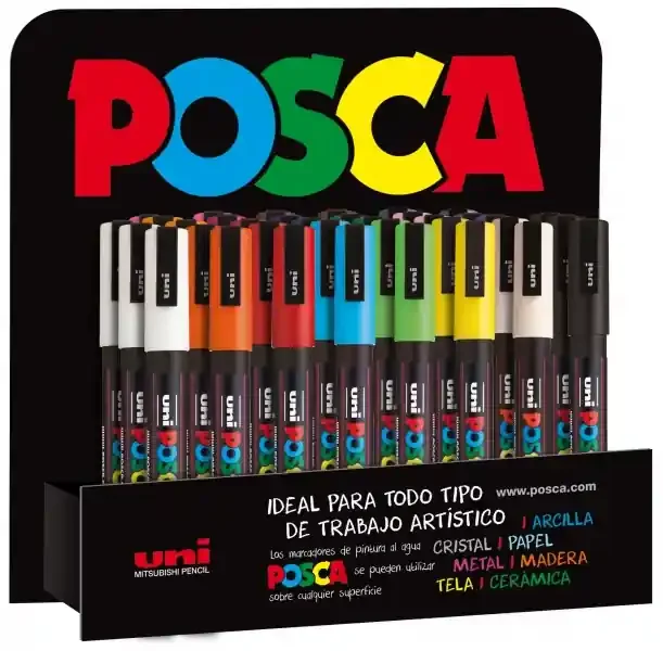 Posca PC3M Expositor de 36 Marcadores de Pintura – Punta Conica de Poliester 0.9-1.3mm – Tinta Base al Agua – Resistente a la Luz – No Permanente – Colores Surtidos