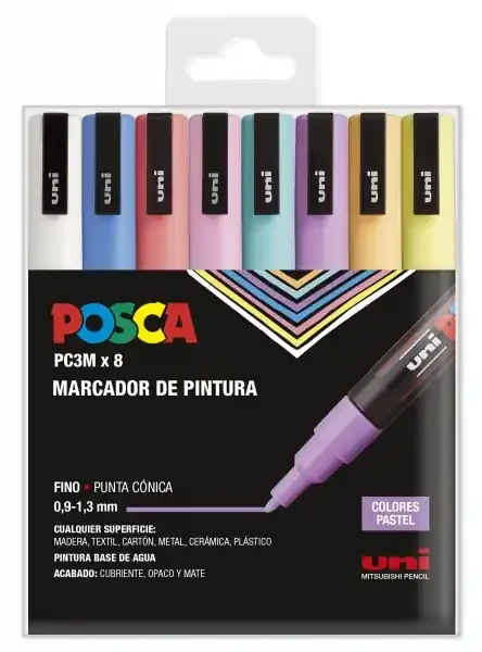 Posca PC3M Pack de 8 Marcadores de Pintura – Punta Conica 0.9-1.3mm – Tinta Base al Agua – Resistente a la Luz – Ideal para Carteleria y Decoracion – Colores Surtidos Pastel