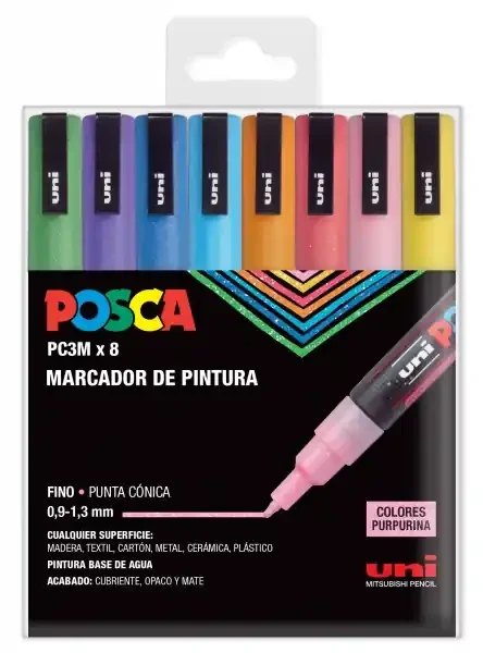 Posca PC3M Pack de 8 Marcadores de Pintura – Punta Conica 0.9-1.3mm – Tinta Base al Agua – Resistente a la Luz – Ideal para Carteleria y Decoracion – Colores Purpurina Surtidos