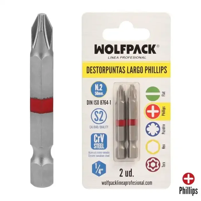 Puntas Largas Destornillador Phillips N.º 2 (2 Piezas). Acero S2 al Cromo Vanadio. Puntas Hexagonales, Destorpuntas,