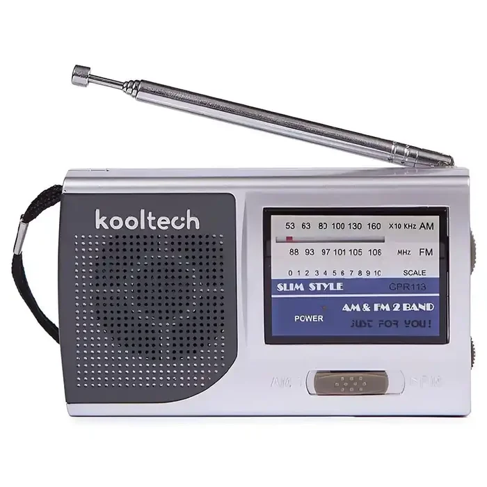 Radio transistor Kooltech CPR113 AM/FM con altavoz, antena telescópica tamaño bolsillo, utiliza 2 pilas AA no incluidas