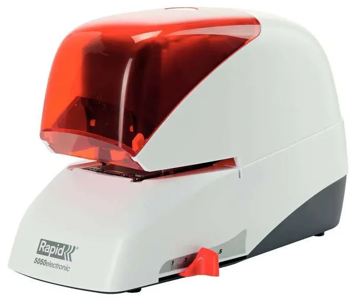 Rapid Grapadora Electrica Supreme R5050E – 50 Hojas – Carga de Cartucho – Duradera – Plata/Naranja