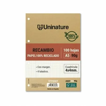 Recambio A5 cuadrícula 4mm 4 taladros reciclado 100hj 90gr Uninature Design-Grafoplas