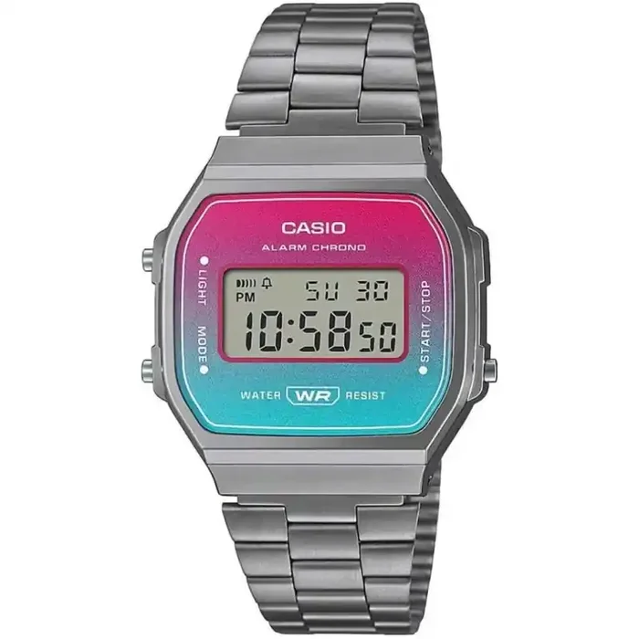 Reloj Casio A168WERB-2A correa metálica plateada esfera bicolor rosa y turquesa