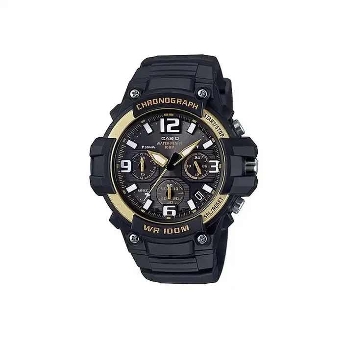 Reloj Casio analógico MCW-100H-9A2 correa caucho negra detalles color cobre