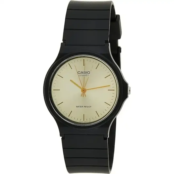 Reloj Casio analógico MQ-24-9E2L correa caucho negro esfera plateada saetas doradas