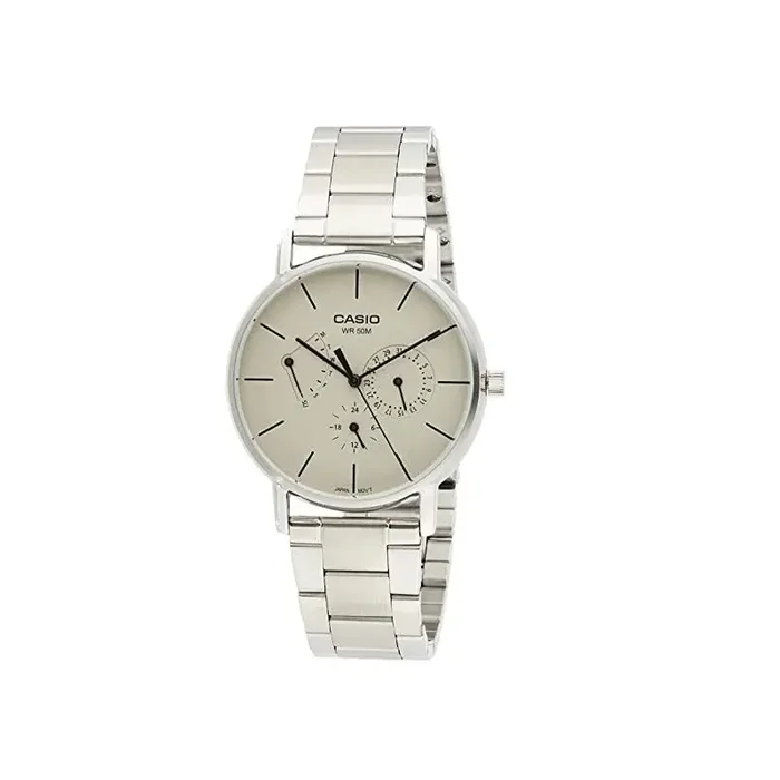 Reloj Casio Caballero analógico MTP-E320D-9E correa metálica con tres esferas multifunción
